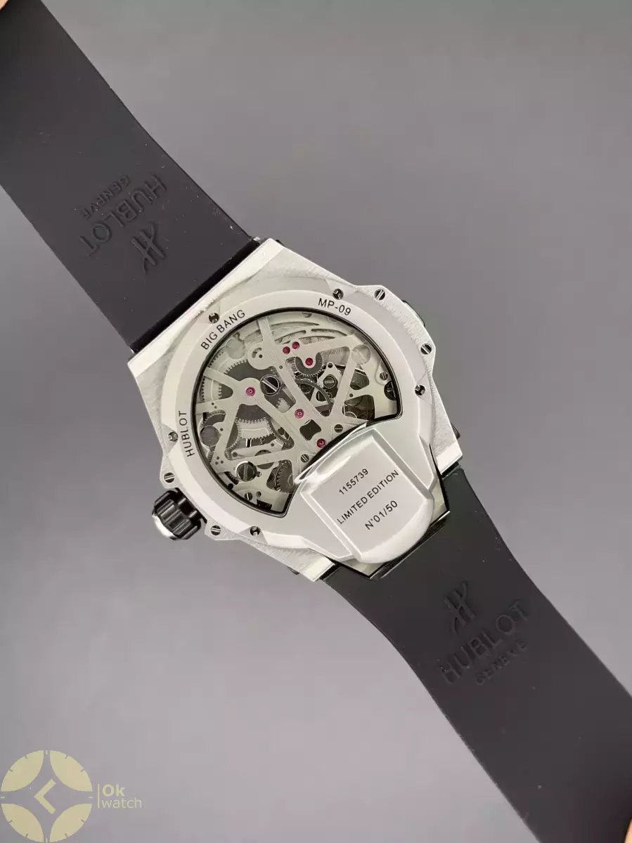 ساعت مچی اوبلو جمجمه‌ای قاب سیلور بند مشکی Hublot MP-09 Tourbillon silver