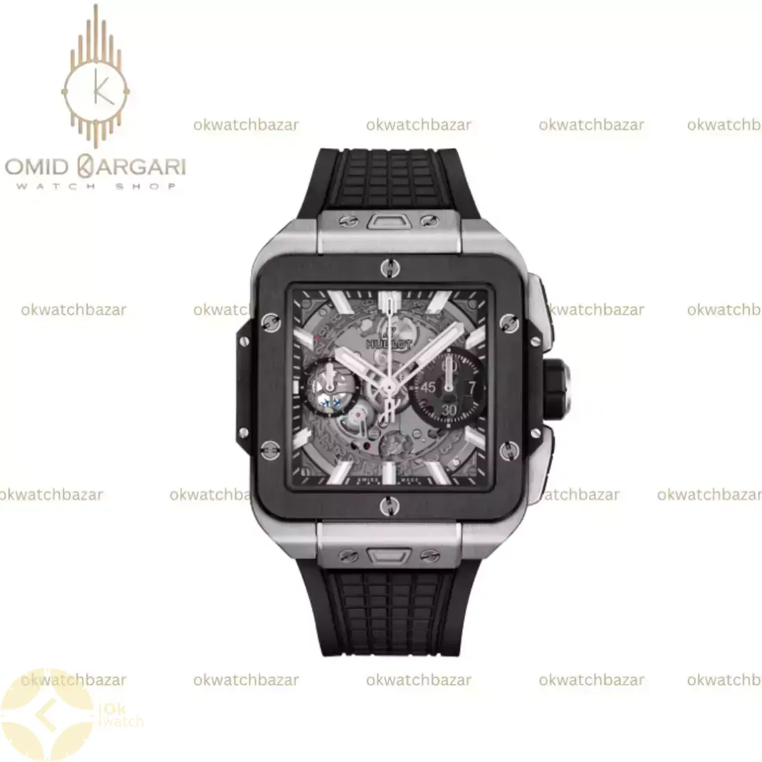 ساعت مچی اوبلو بند صفحه مربعی قاب سیلور Hublot Square Bang Unico