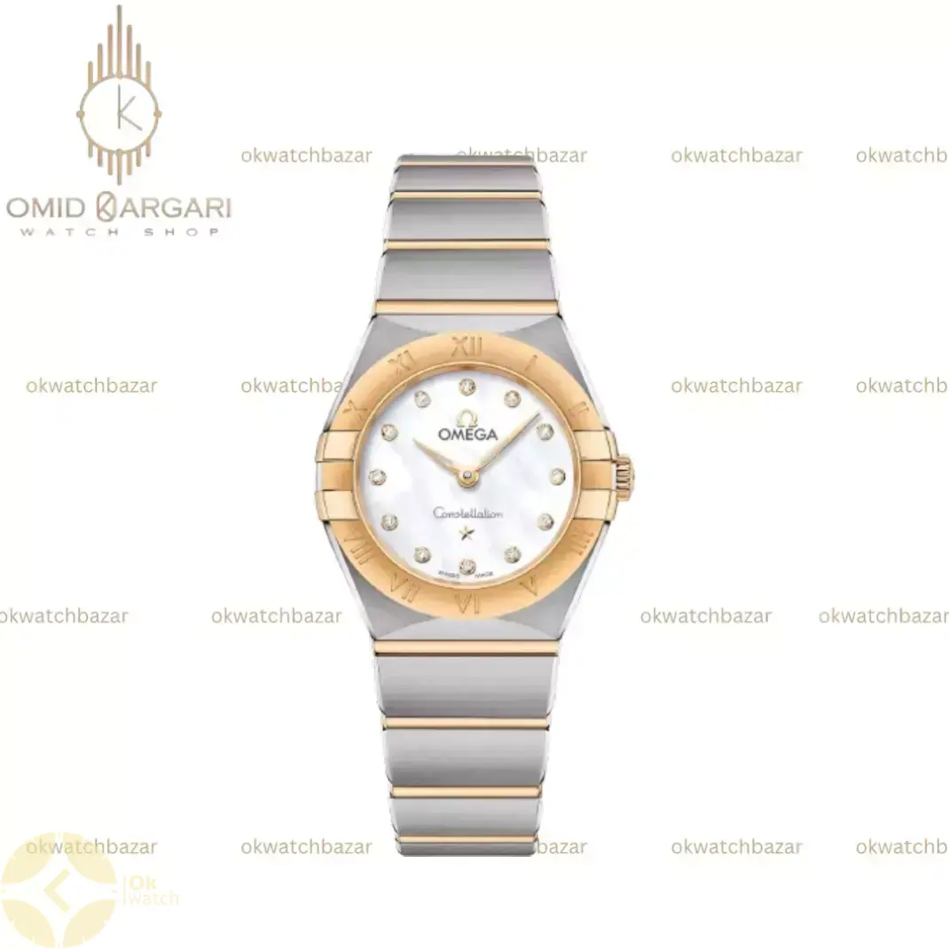 ساعت مچی امگا کانستلیشن صفحه صدف بند سیلورطلایی اندکس نگین Omega Constellation