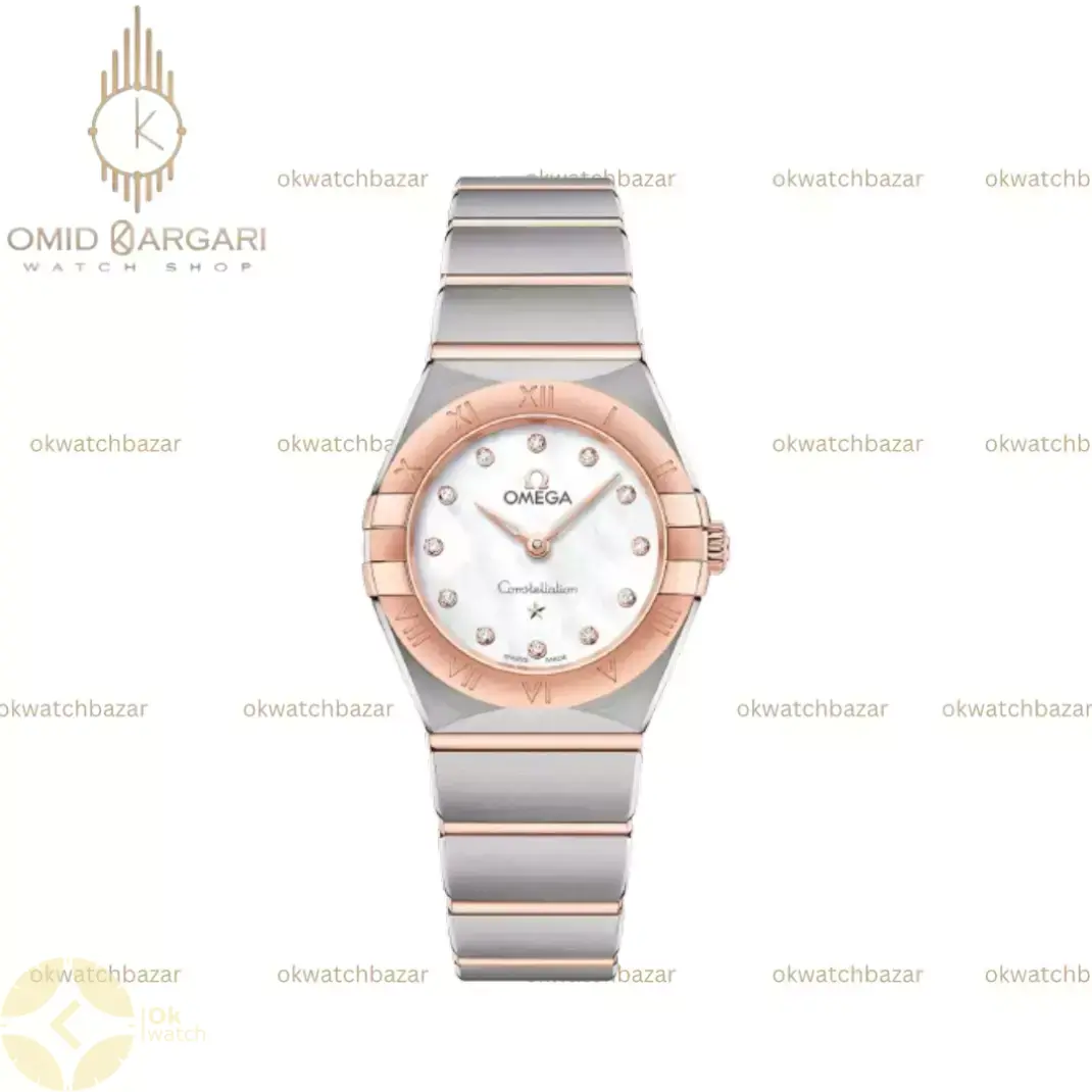 ساعت مچی امگا کانستلیشن بند سیلور رزگلد صفحه سفید اندکس نگین Omega Constellation
