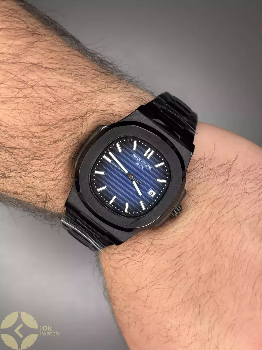 ساعت مچی پتک فیلیپ بند مشکی موتور اتوماتیک صفحه سرمه ای Patek Philippe Nautilus