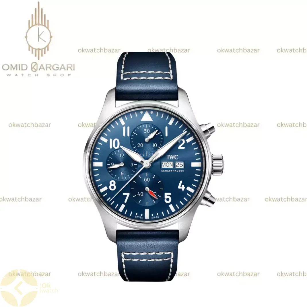 ساعت مچی آی دبلیو سی خلبانی کرونوگراف بند چرمی صفحه سرمه ای IWC Pilot