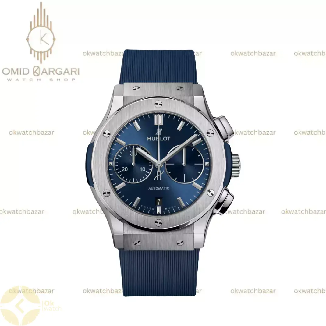 ساعت مچی هابلوت کلاسیک فیوژن کرونوگراف بند رابر آبی قاب سیلور Hublot Classic Fusion