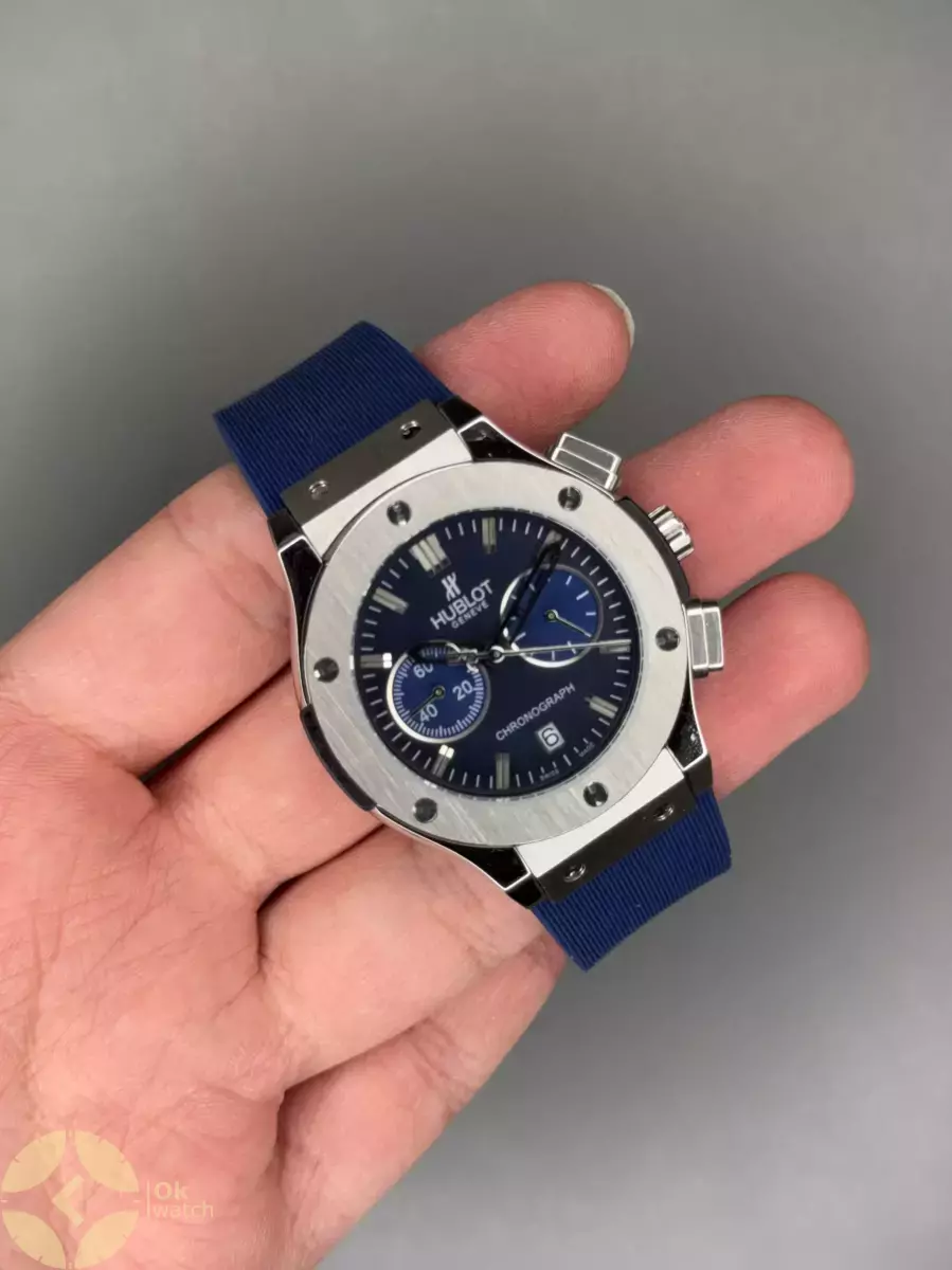 ساعت مچی اوبلو کلاسیک فیوژن کورنوگراف بند رابر آبی قاب سیلور Hublot Classic Fusion