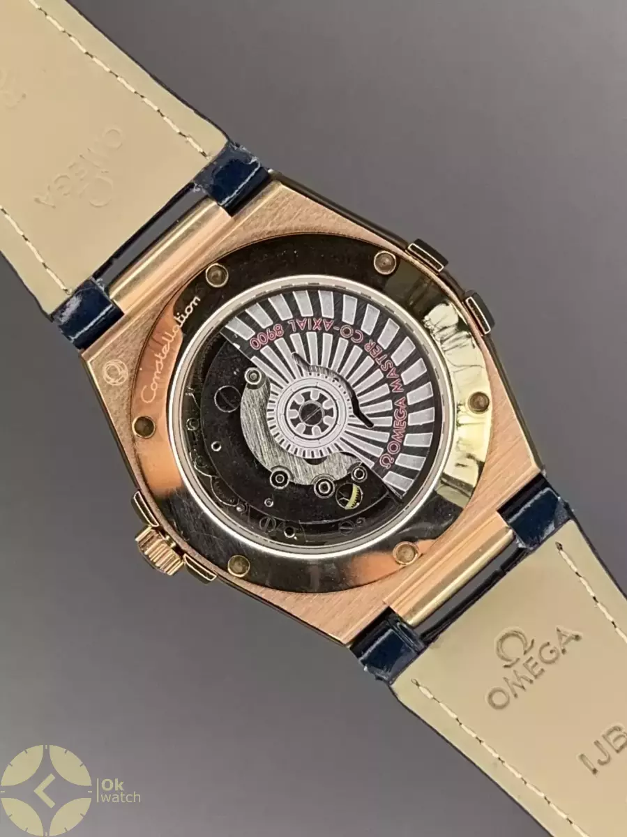 ساعت مچی امگا کانستلیشن بند آبی صفحه مشکی قاب رزگلد Omega Constellation