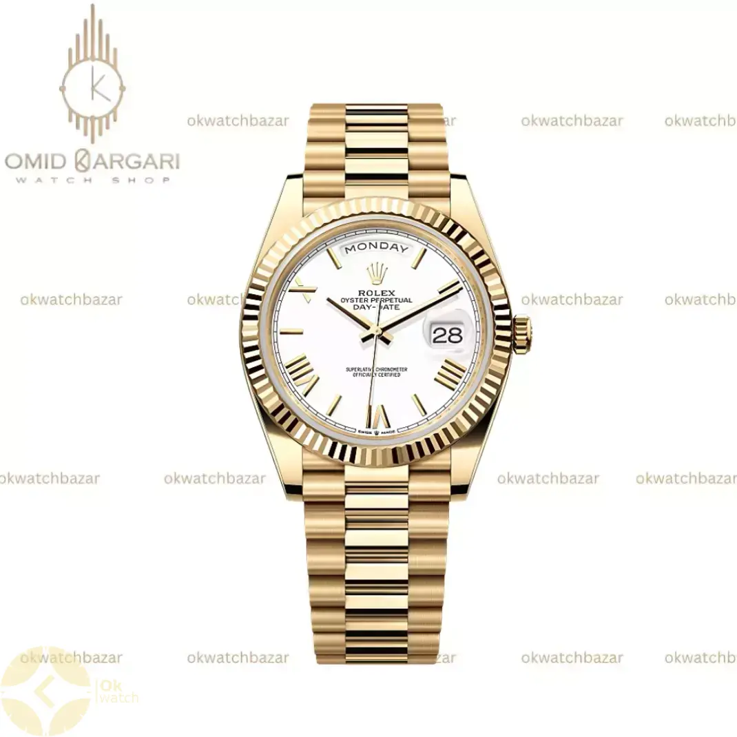 ساعت مچی رولکس دی دیت بند طلایی صفحه سفید Rolex Day-Date