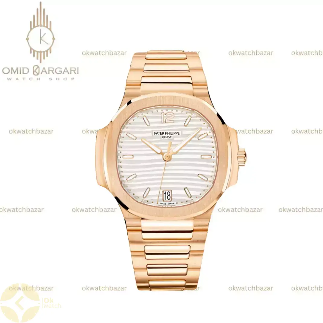 ساعت مچی پتک فیلیپ ناتیلوس صفحه سفید بند رزگلد Patek Philippe Nautilus