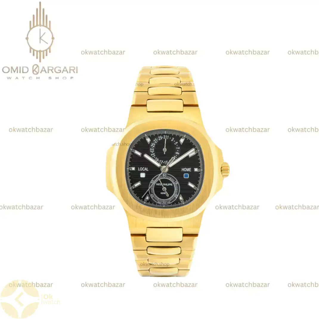 ساعت مچی پتک فیلیپ ناتیلوس بند طلایی صفحه مشکی Patek Philippe Nautilus