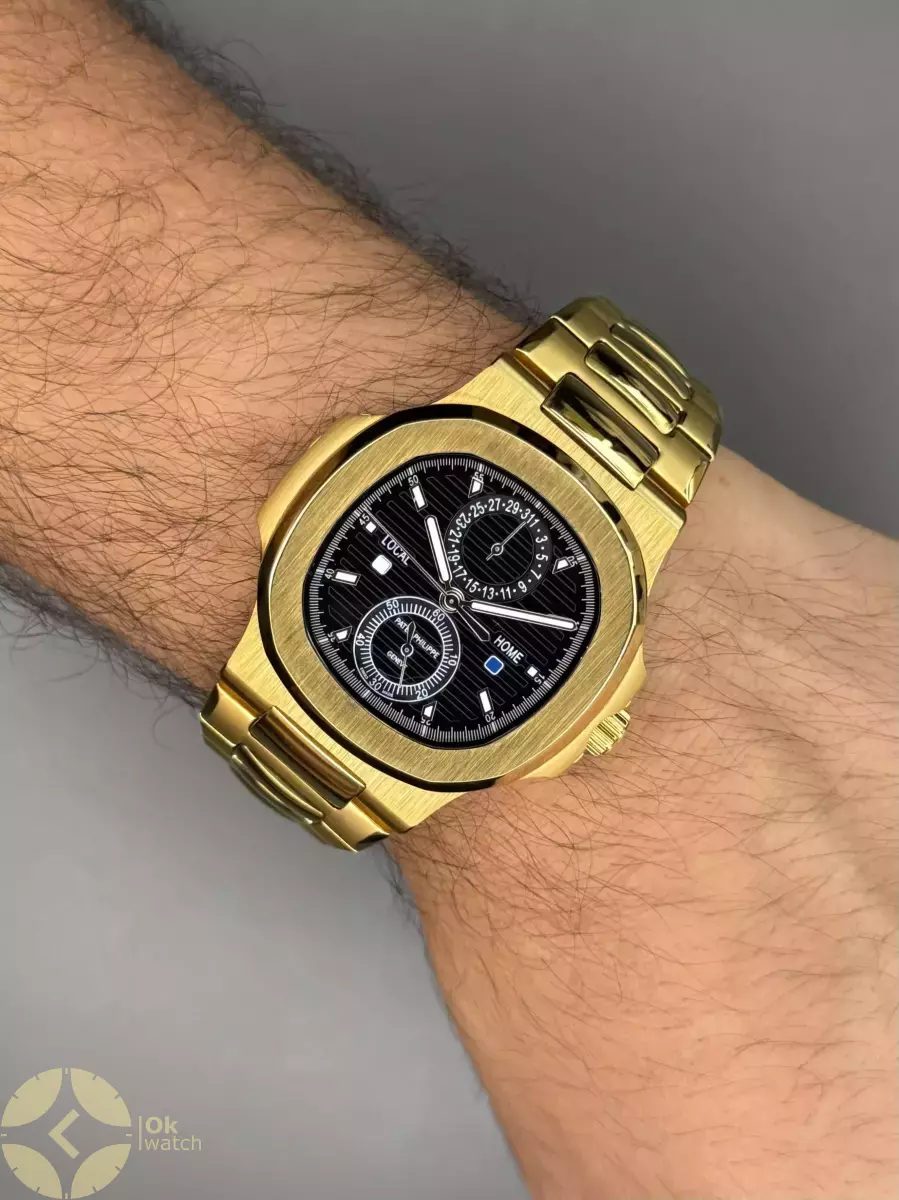 ساعت مچی پتک فیلیپ ناتیلوس بند طلایی صفحه مشکی Patek Philippe Nautilus