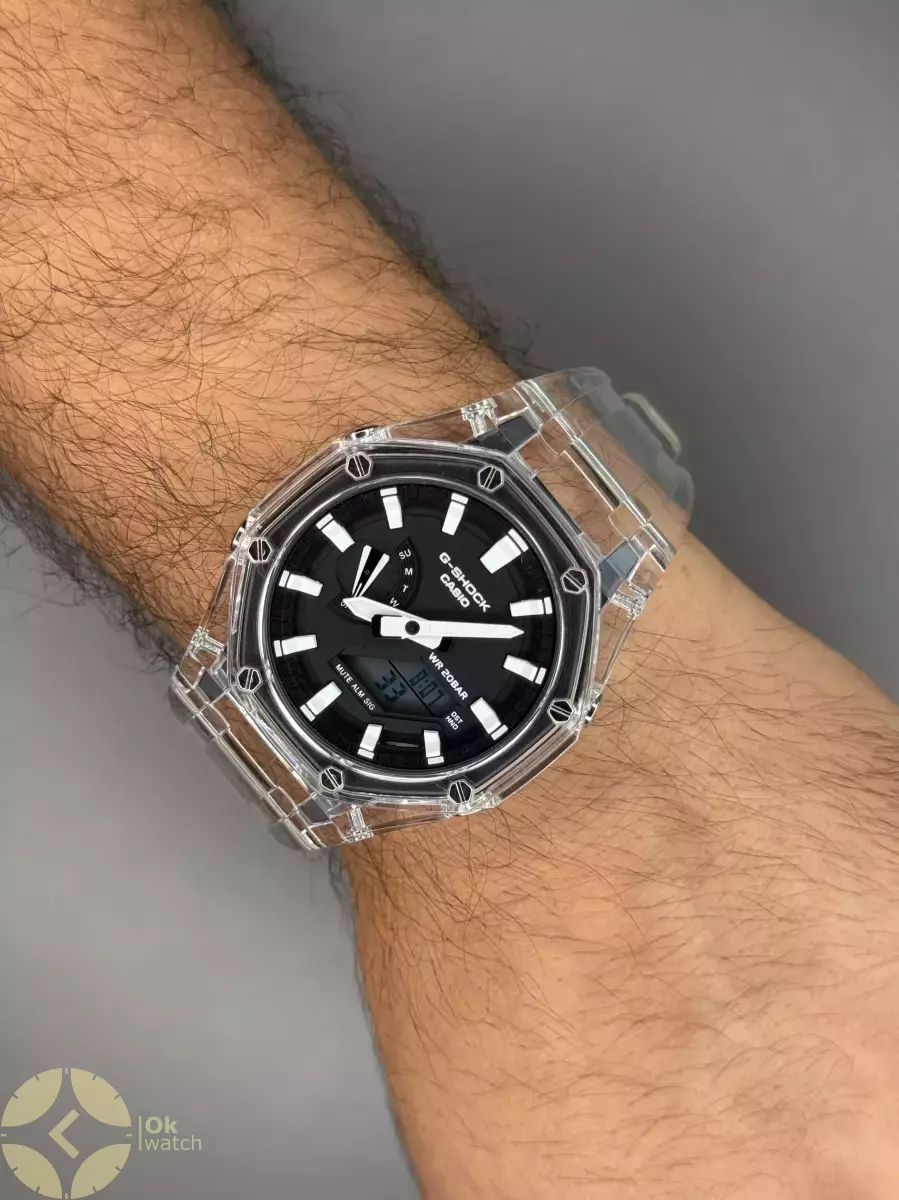 ساعت مچی کاسیو جی-شاک بند شیشه ای صفحه مشکی اندکس سفید Casio G-SHOCK