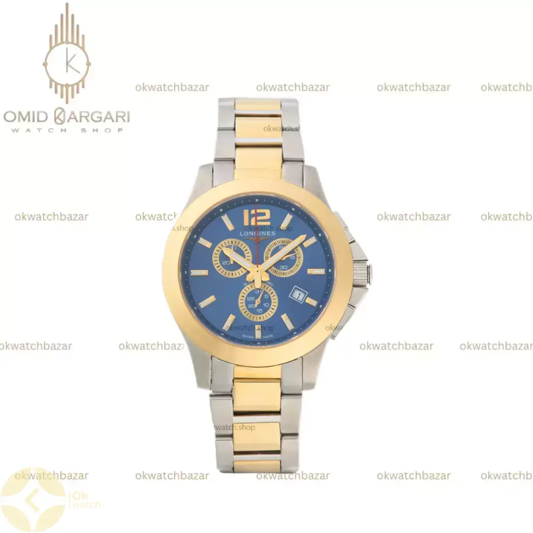 ساعت مچی لونژین کرونوگراف صفحه سرمه ای بند سیلور طلایی Longines