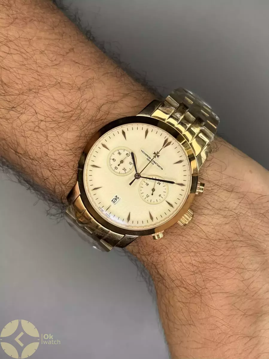 ساعت مچی وشرون کنستانتن کورنوگراف بند رزگلد صفحه کرمی Vacheron Constantin Geneve