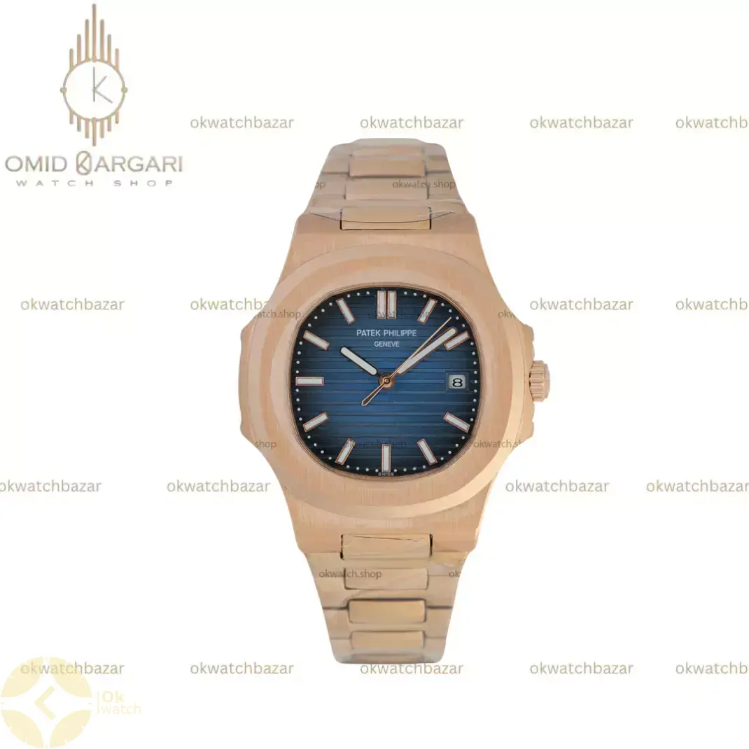 ساعت مچی پتک فیلیپ اتوماتیک بند فلزی رزگلد صفحه سرمه ای Patek Philippe Nautilus