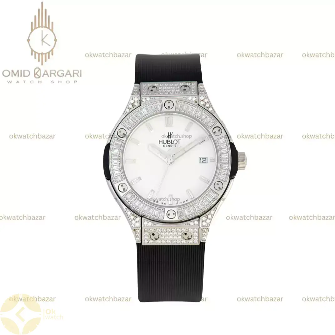 ساعت مچی اوبلو بند مشکی صفحه سفید فول نگین Hublot Classic Fusion