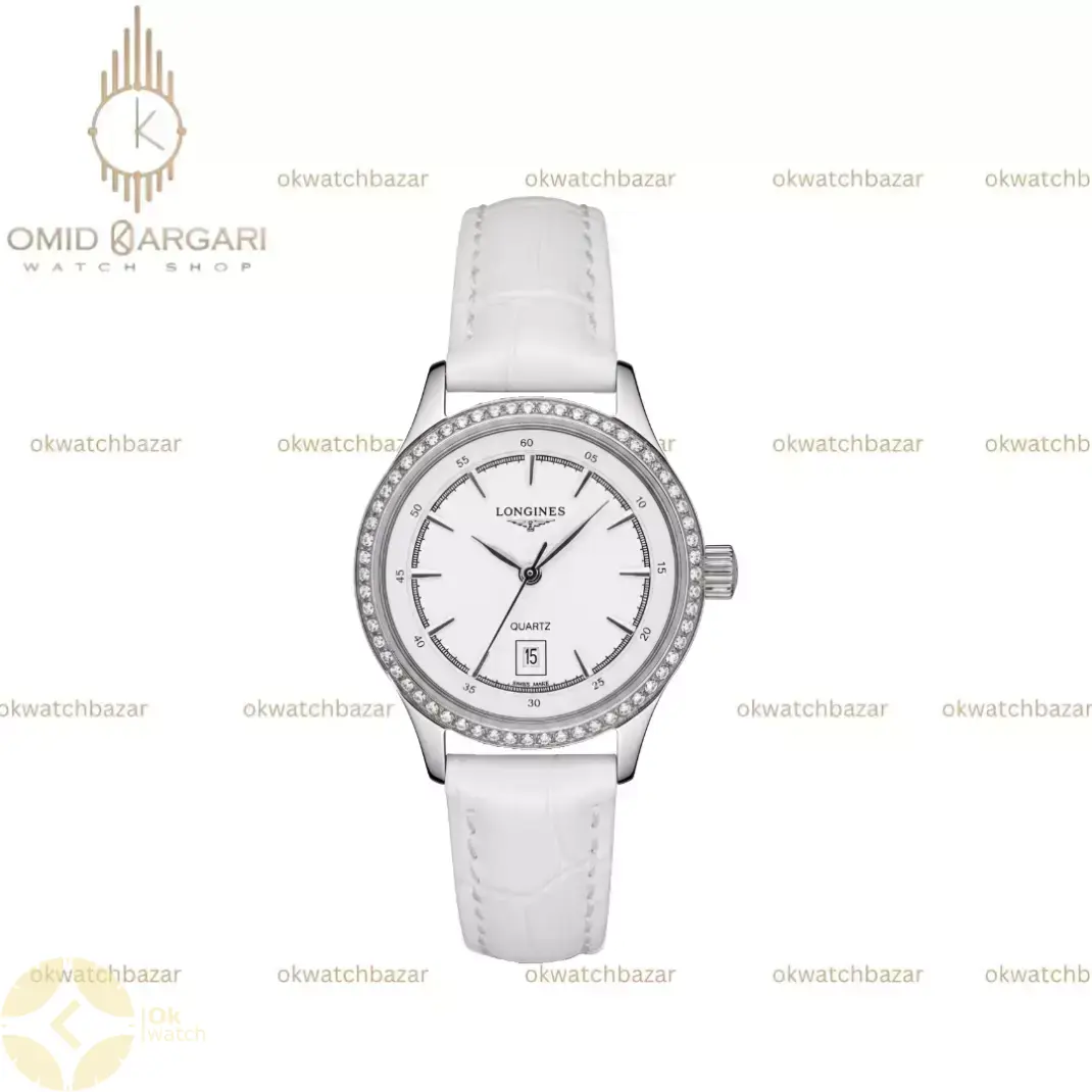 ساعت مچی لونژین بند چرمی سفید قاب استیل نگین دار Longines
