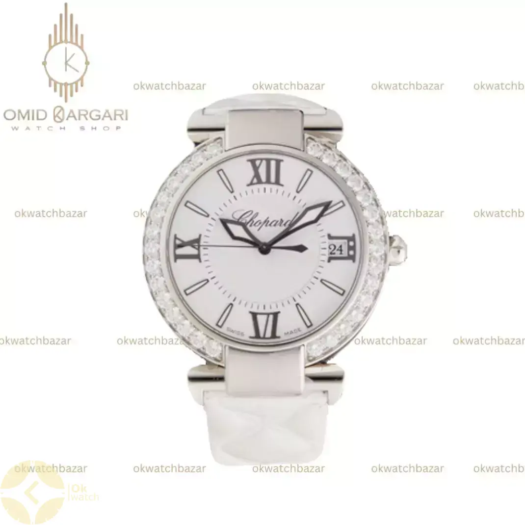 ساعت مچی شوپارد تمام سفید قاب استیل نگین دار Chopard