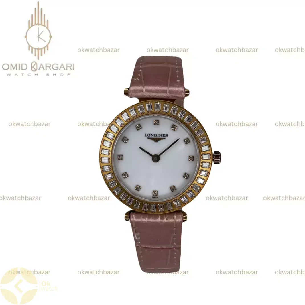 ساعت مچی لونژین بند صورتی قاب نگین دار Longines