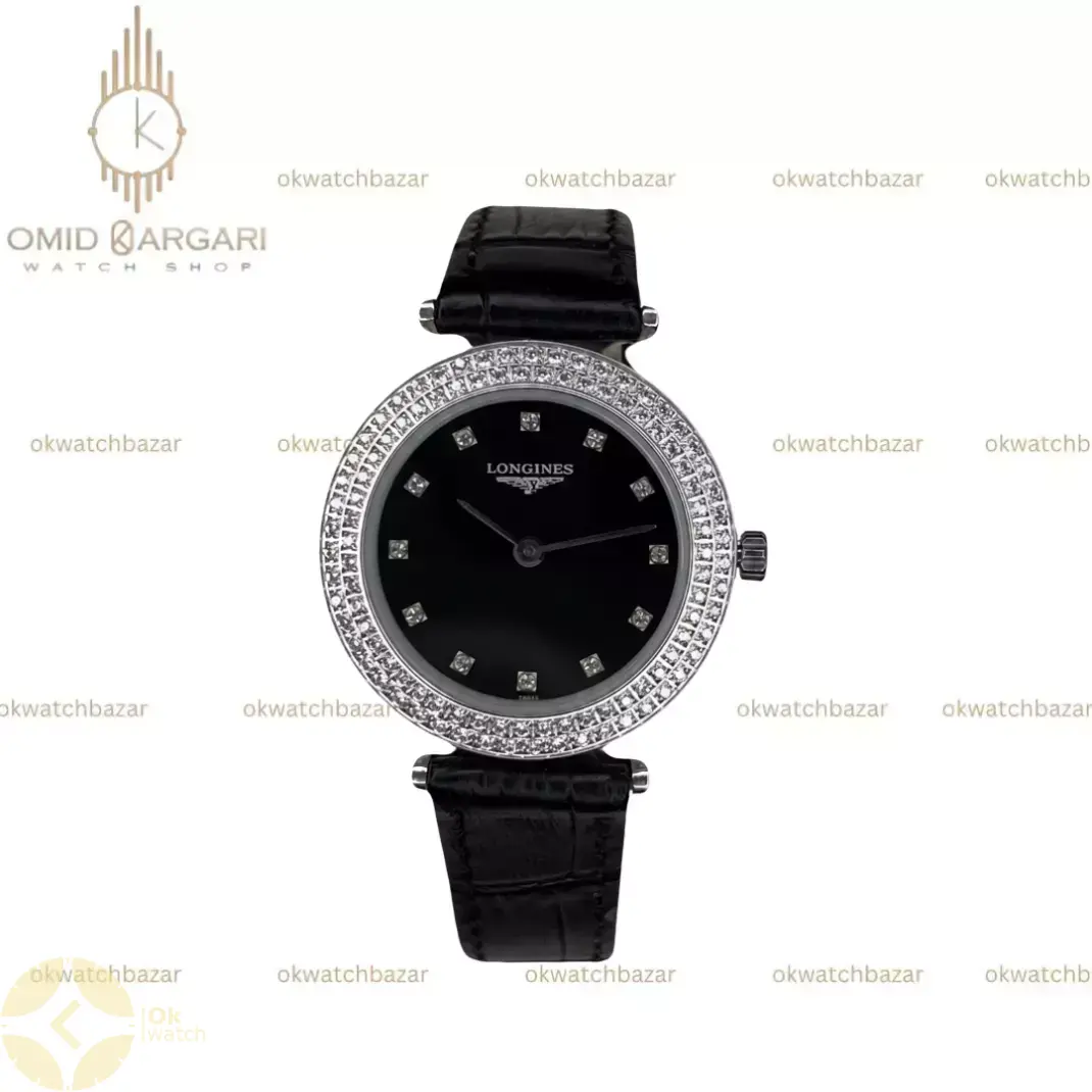 ساعت مچی لونژین بند مشکی قاب نگین دار Longines