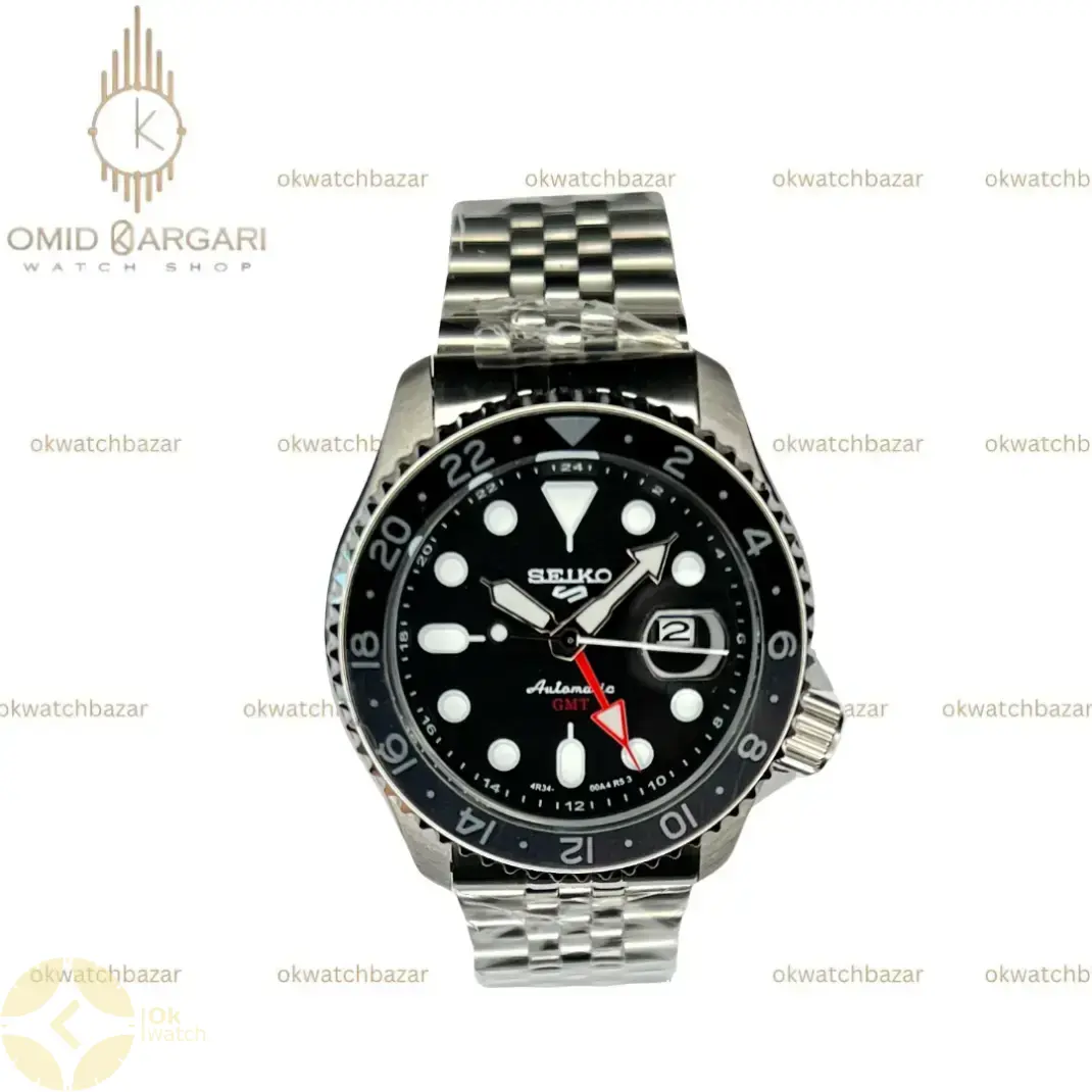 ساعت مچی سیکو 5 بند سیلور صفحه مشکی Seiko 5 GMT