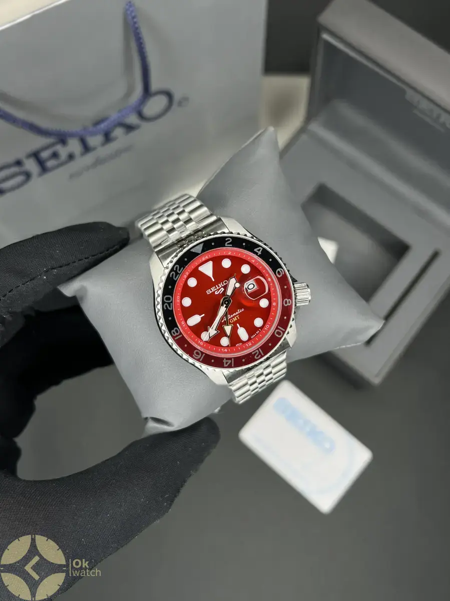 ساعت مچی سیکو 5 بند سیلور صفحه قرمز Seiko 5 GMT