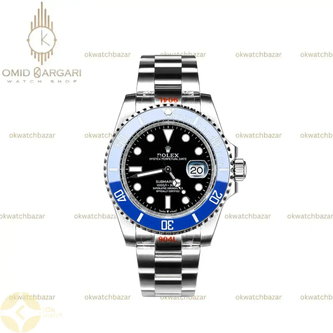 ساعت مچی رولکس سابمارینر سوئیسی سیلور بزل آبی صفحه مشکی Rolex Submariner