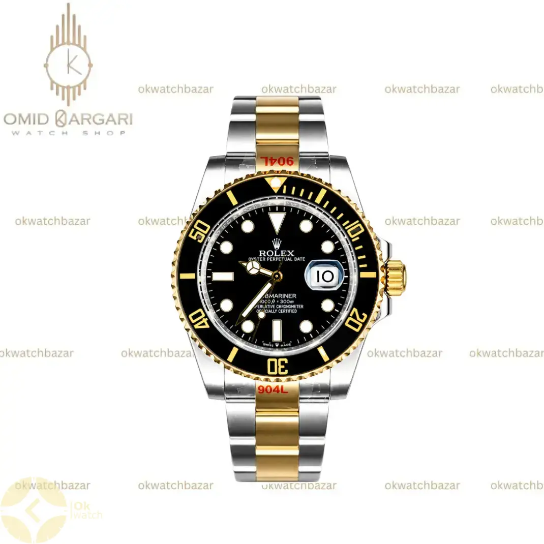 ساعت مچی رولکس سابمارینر سوئیسی سیلورطلایی صفحه مشکی Rolex Submariner