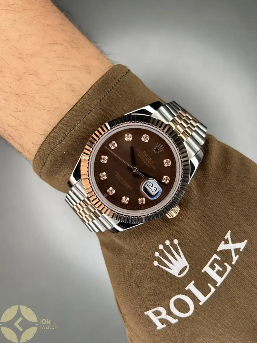 ساعت مچی رولکس دیت جاست سوئیسی سیلور رزگلد ایندکس نگین صفحه چاکلت Rolex Datejust