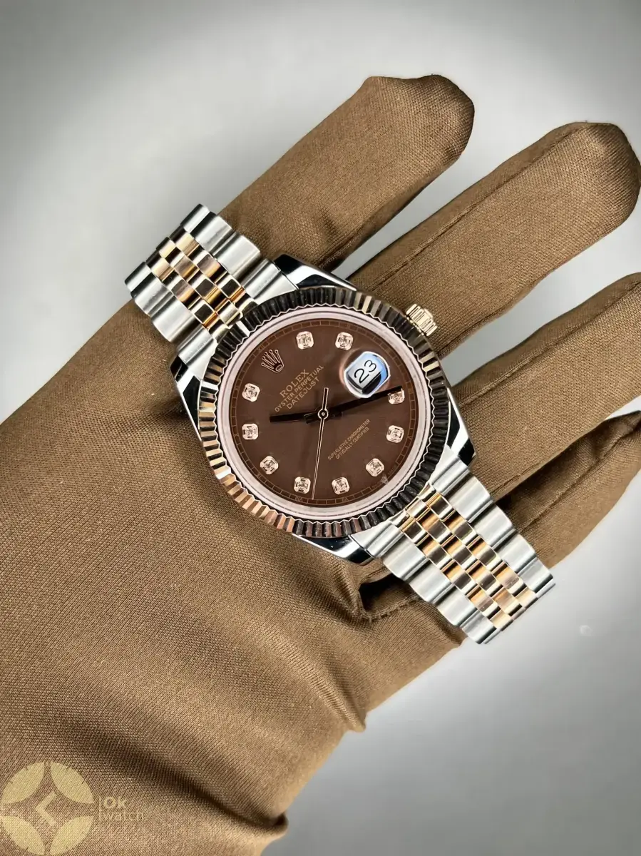 ساعت مچی رولکس دیت جاست سوئیسی سیلور رزگلد ایندکس نگین صفحه چاکلت Rolex Datejust