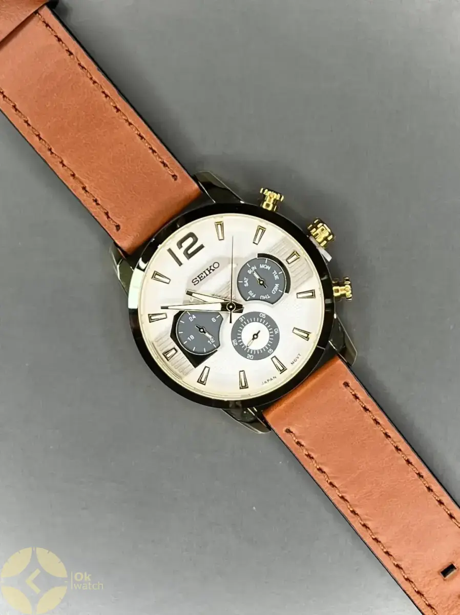 ساعت مچی سیکو فول دیت بند چرمی قهوه ای صفحه سفید Seiko
