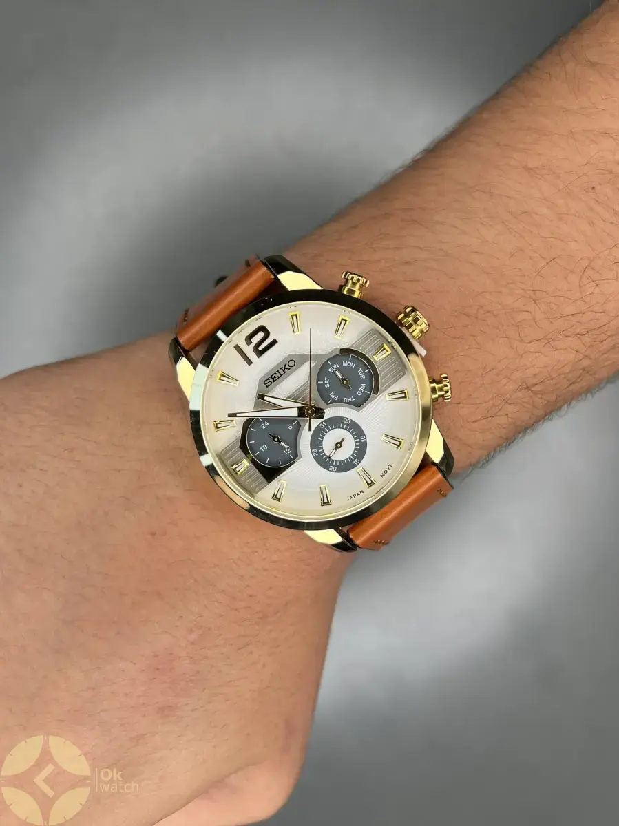 ساعت مچی سیکو فول دیت بند چرمی قهوه ای صفحه سفید Seiko