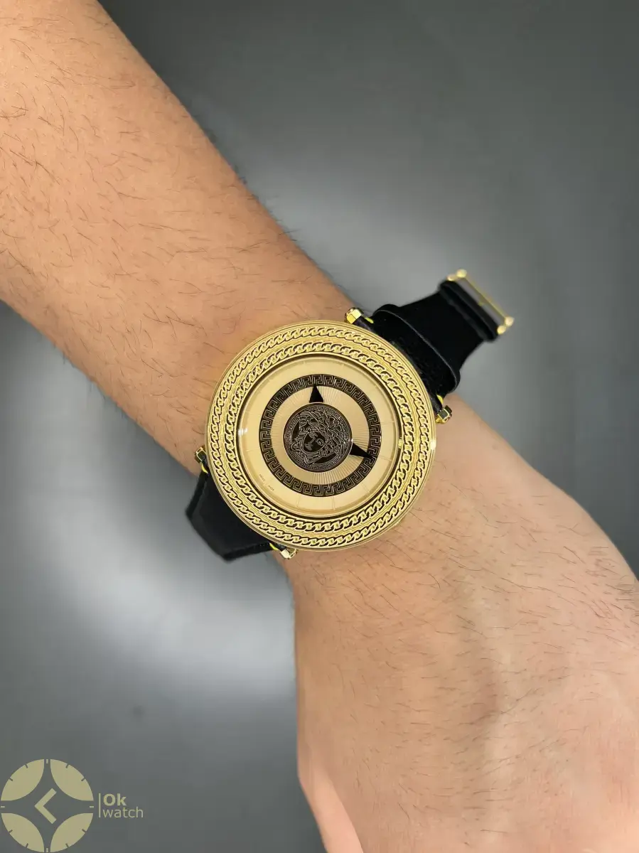 ساعت مچی ورساچه صفحه طرحدار قاب طلایی چرمی طلایی Versace