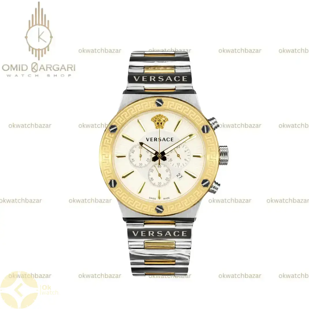 ساعت مچی ورساچه کرونوگراف بند سیلورطلایی صفحه سفید Versace