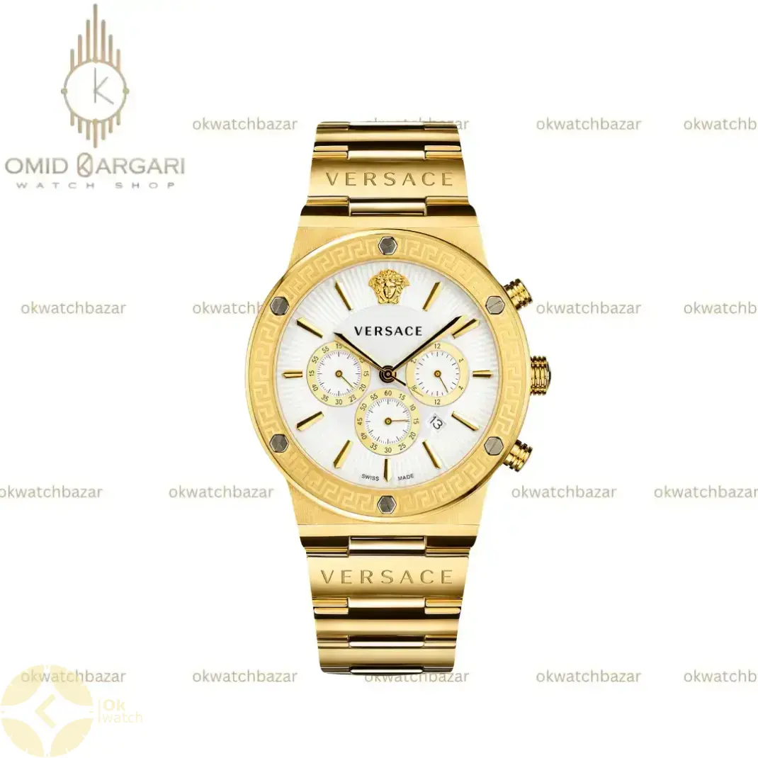 ساعت مچی ورساچه کرونوگراف بند طلایی صفحه سفید Versace