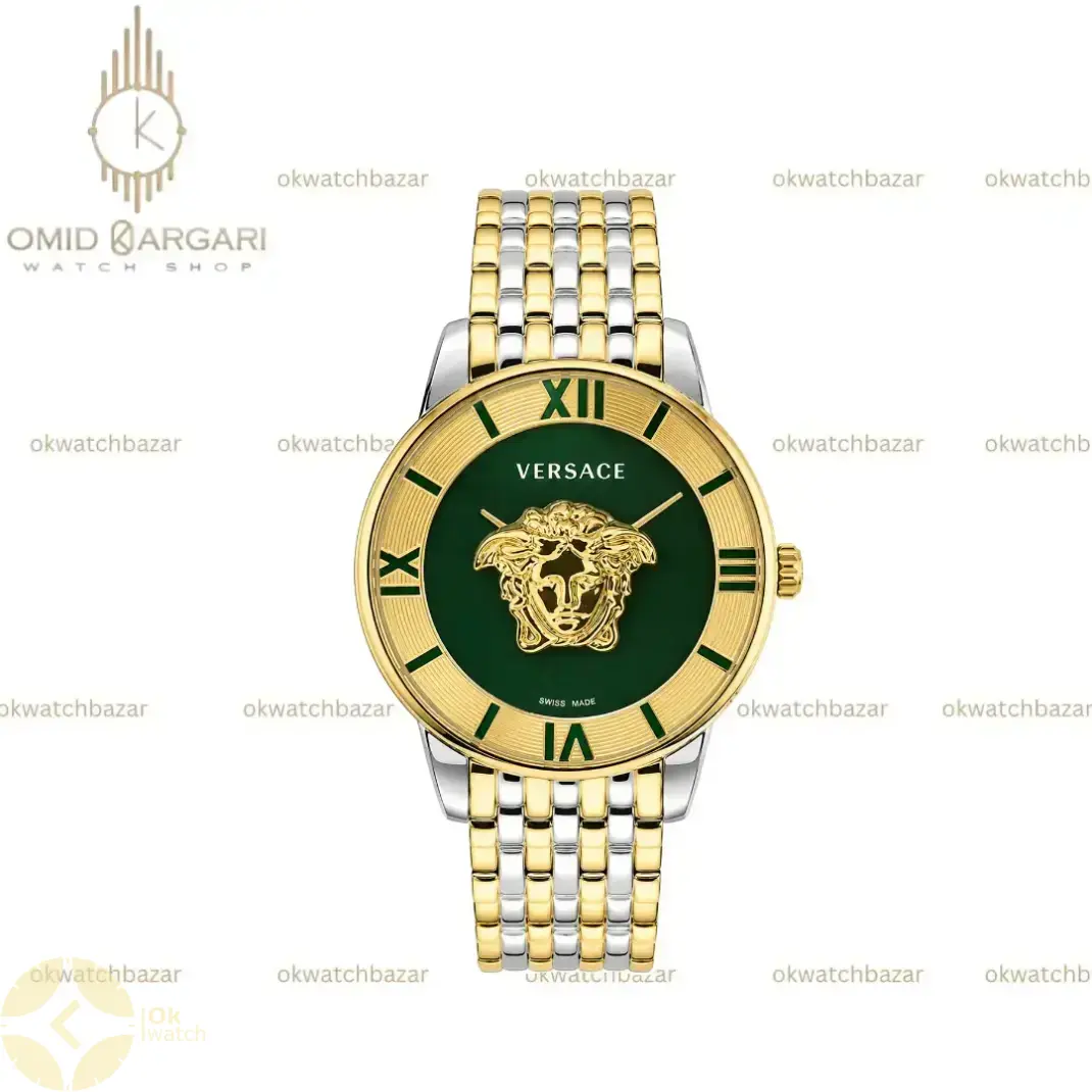 ساعت مچی ورساچه طرحدار بند سیلورطلایی صفحه سبز Versace