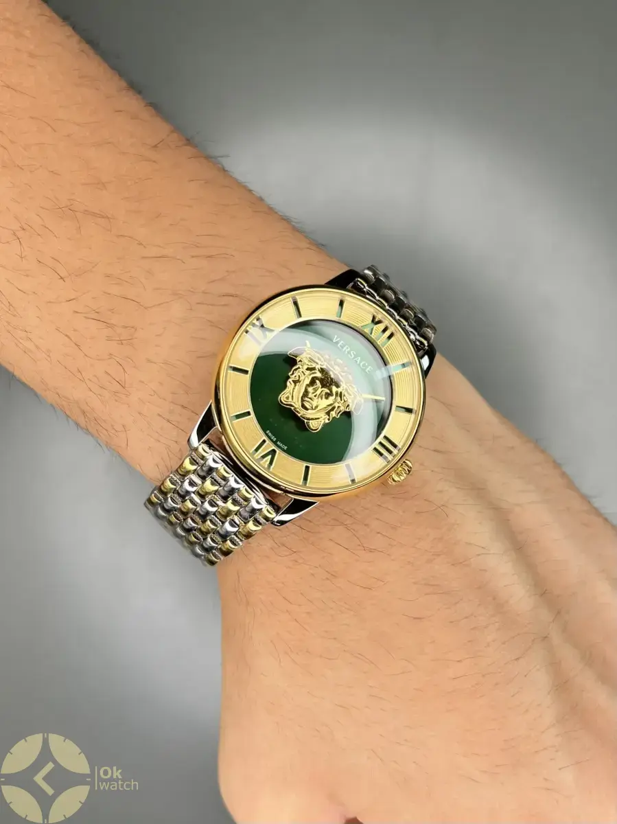 ساعت مچی ورساچه طرحدار بند سیلورطلایی صفحه سبز Versace